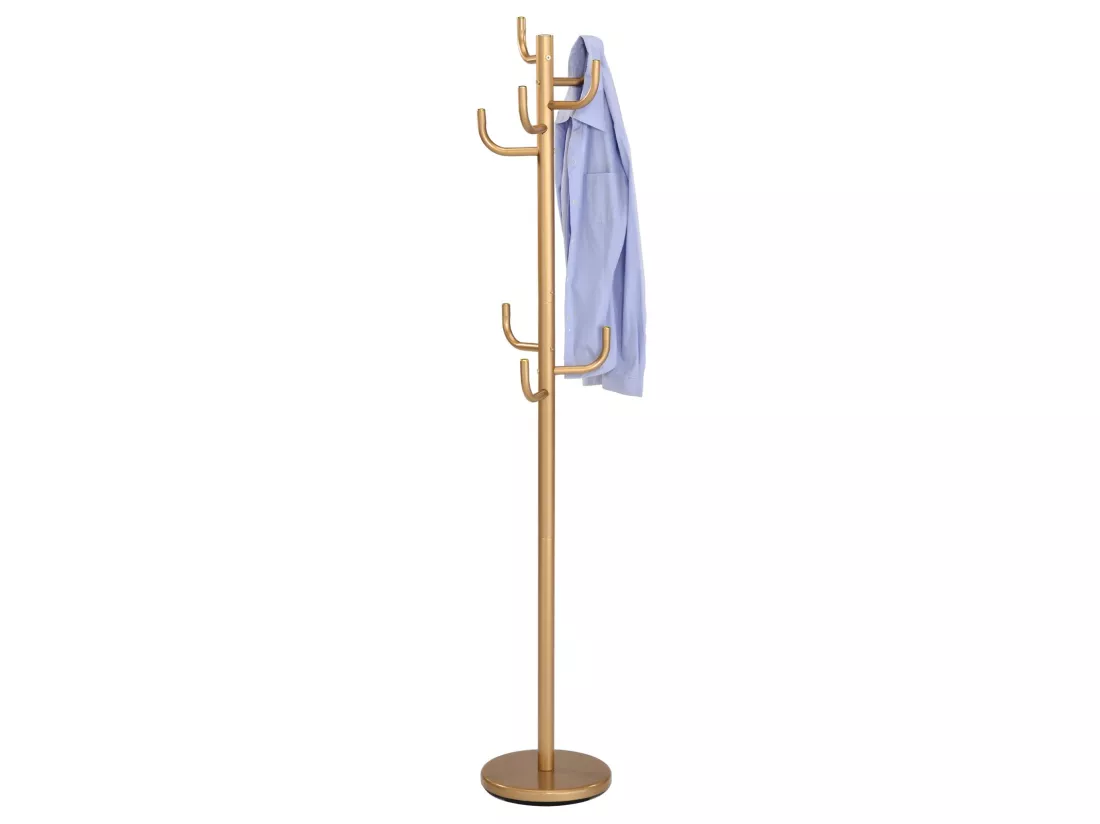 Porte-manteaux MILA portant pour vêtements sur pied hauteur 174 cm socle rond et 8 crochets, meuble d'entrée en métal laqué or