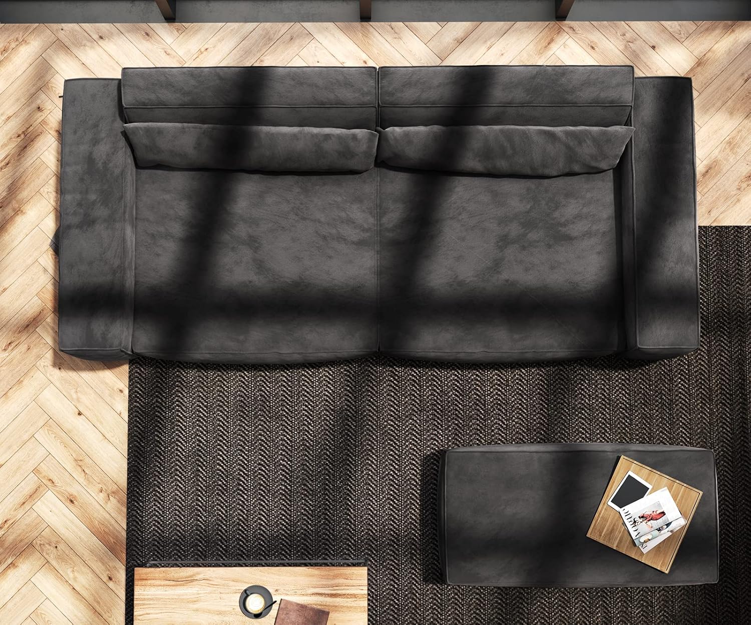 DELIFE Big-Sofa Sirpio XL Mikrofaser Schwarz 270x130 cm mit Hocker