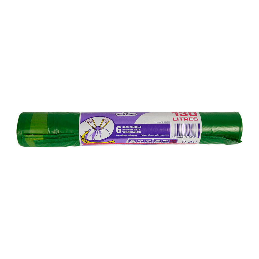 Lot de 6 sacs poubelle liens coulissants vert 130L