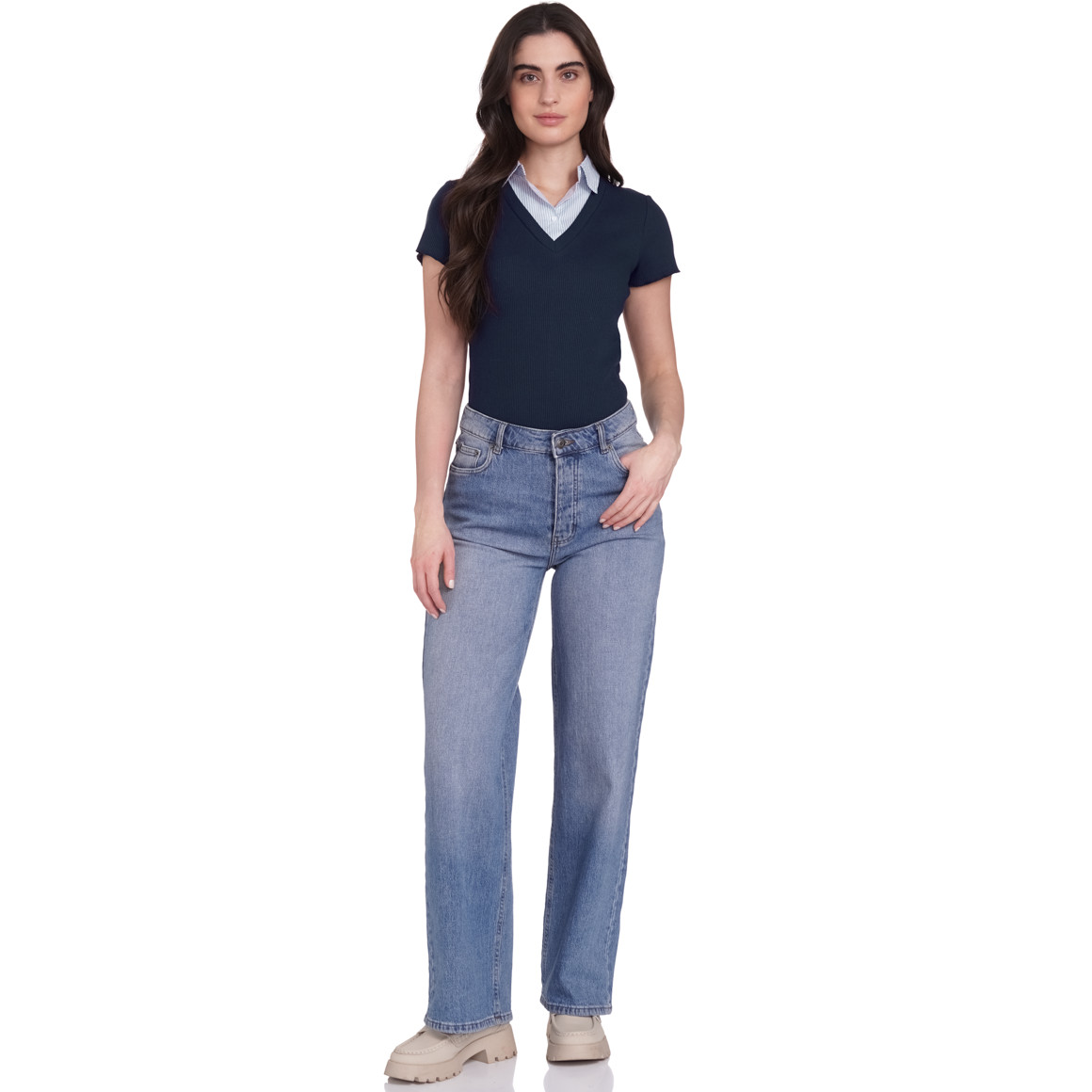 Gina Damen Blusen-Shirt mit Hemdkragen dunkelblau / hellblau / weiss