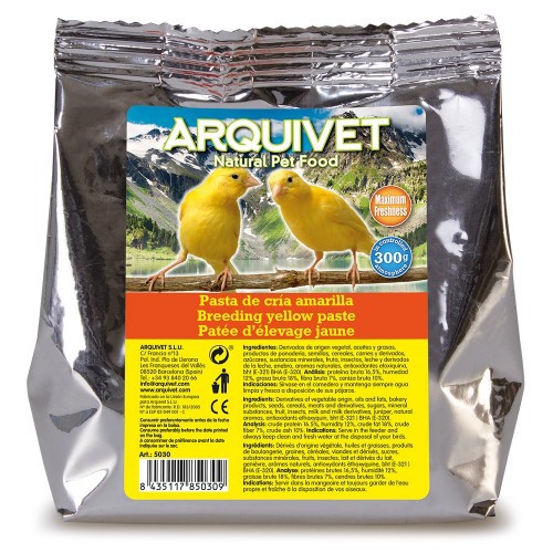 Pasta amarela para reprodução de pássaros, sabor neutro.
