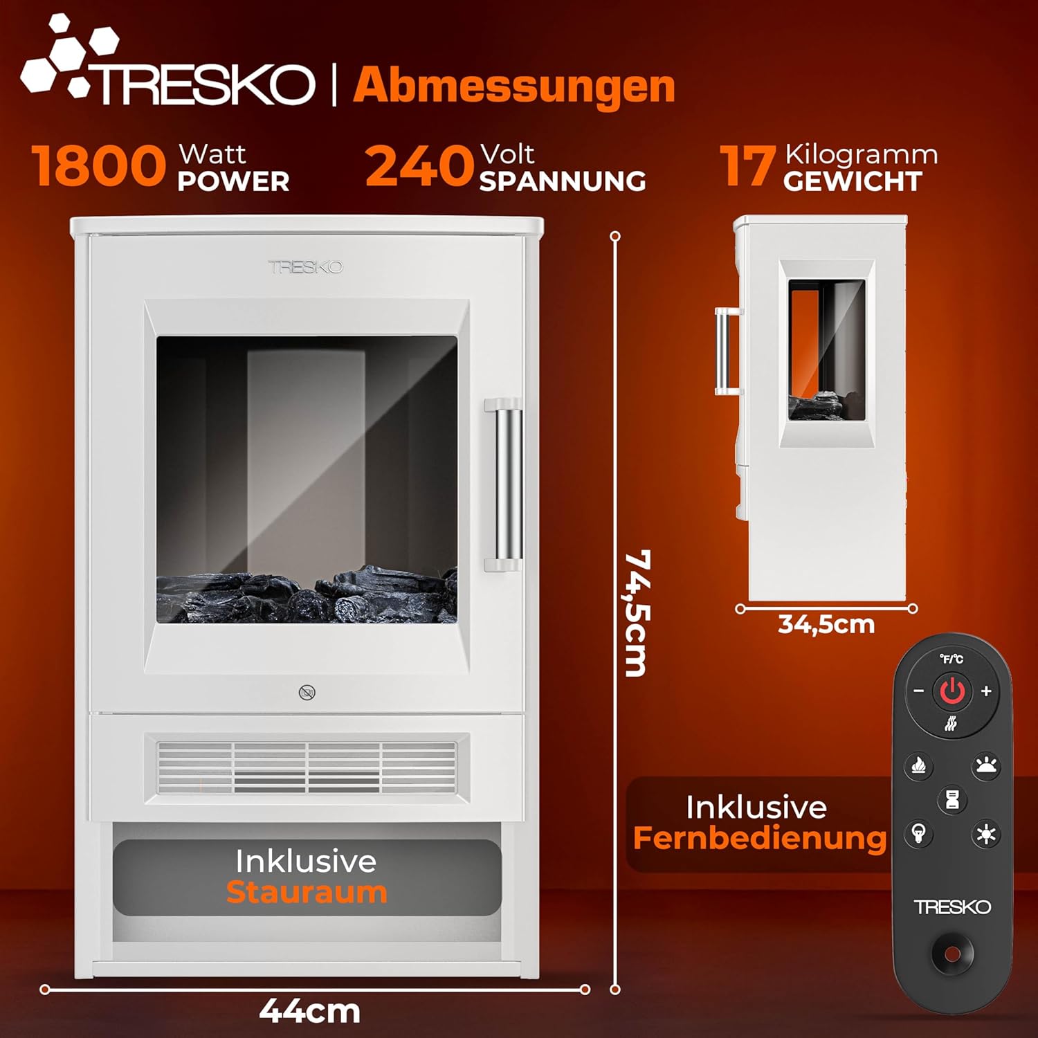 TRESKO® Elektrokamin mit Heizung inkl. Fernbedienung & WiFi App | Kamin elektrisch 1800W LED-Flammeneffekt Farbmodi | Kaminfeuer Thermostat, Timer | Elektro Kaminofen Standkamin 2 Heizstufen (Weiß)