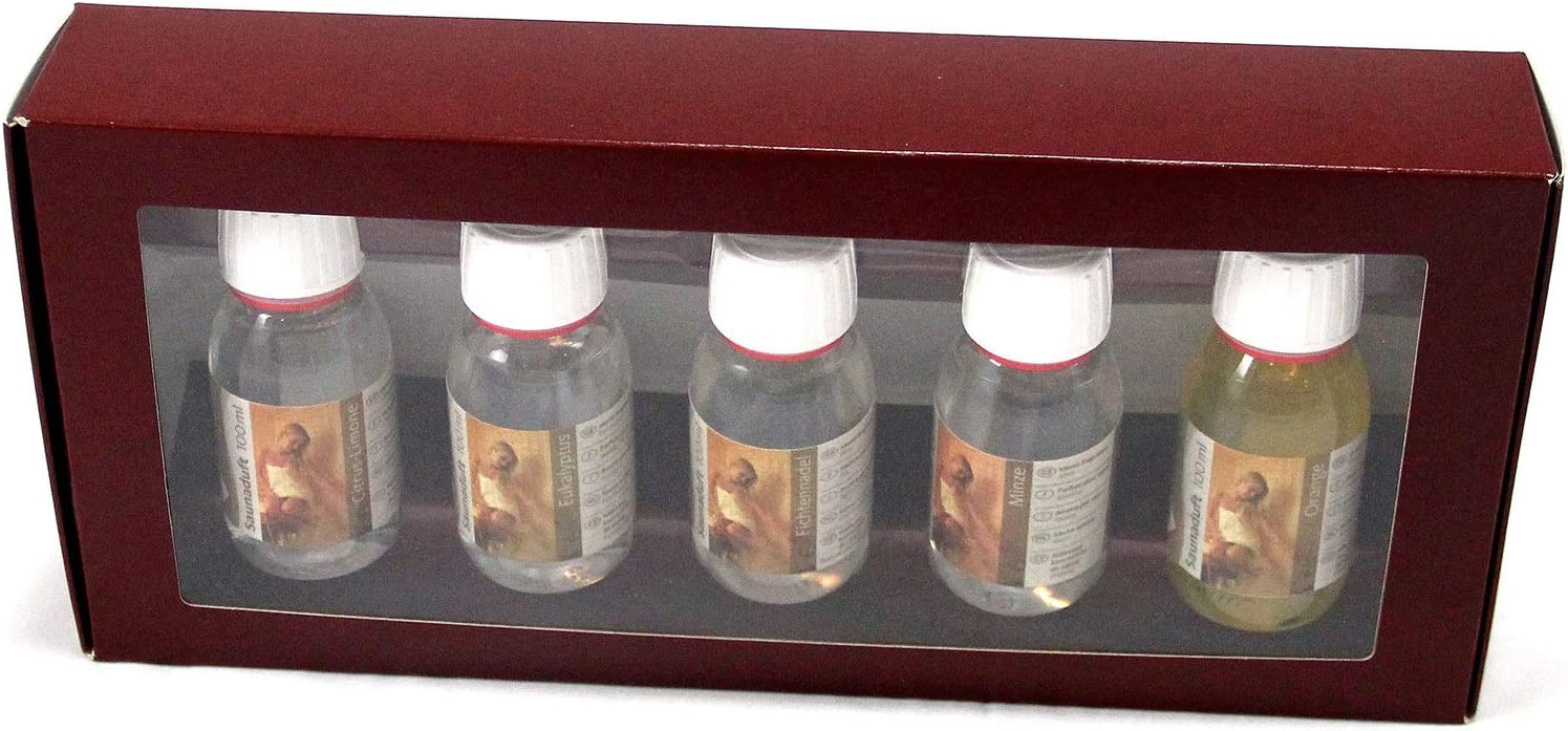 Karibu Saunaaufguss Konzentrat fünf Duftnoten Aufguss Geschenkpaket 5 Düfte mit je 100 ml Saunaaufgusskonzentrat