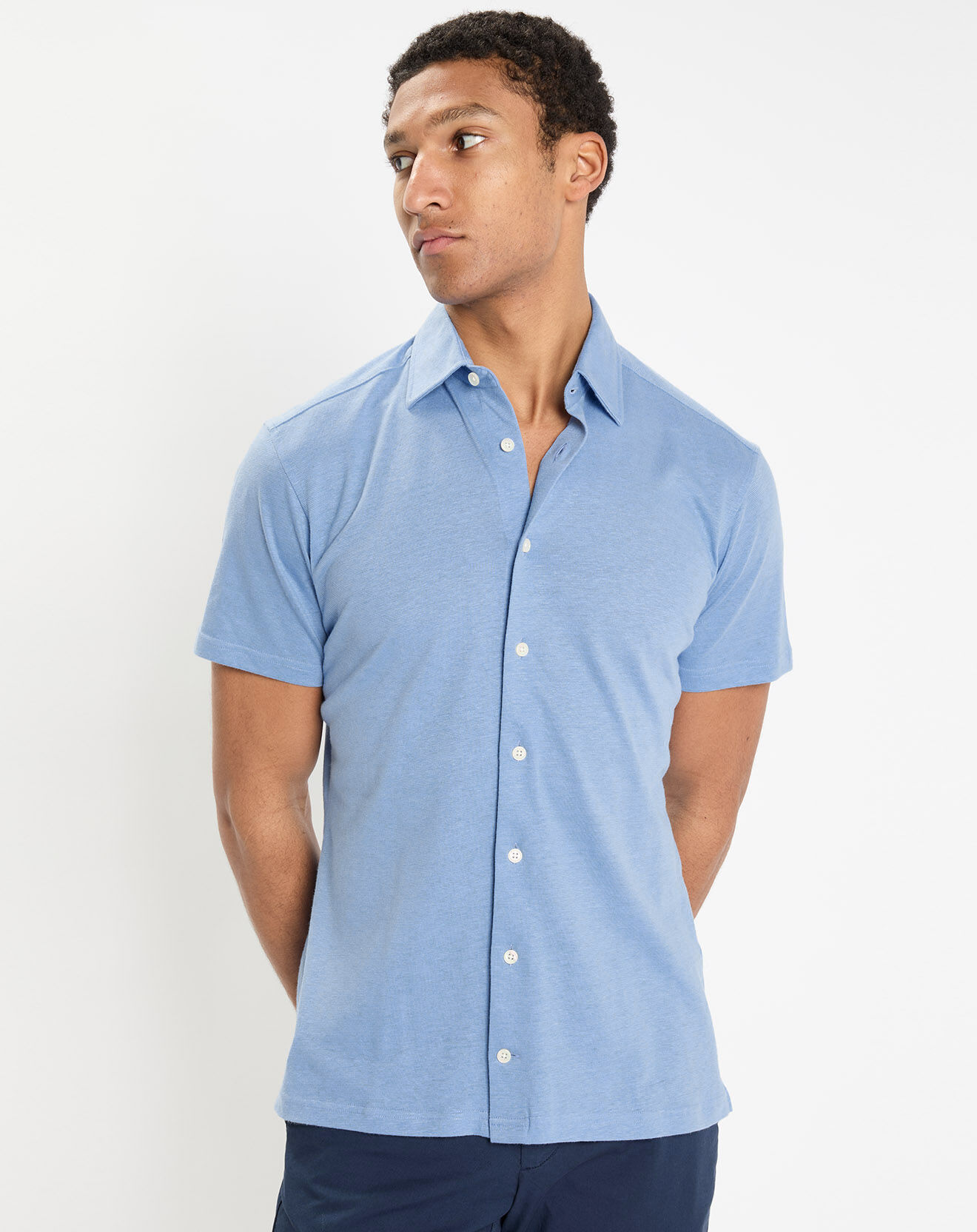 Hackett London Chemise en Lin & Coton Slim Fit manches courtes Tricot bleu moyen