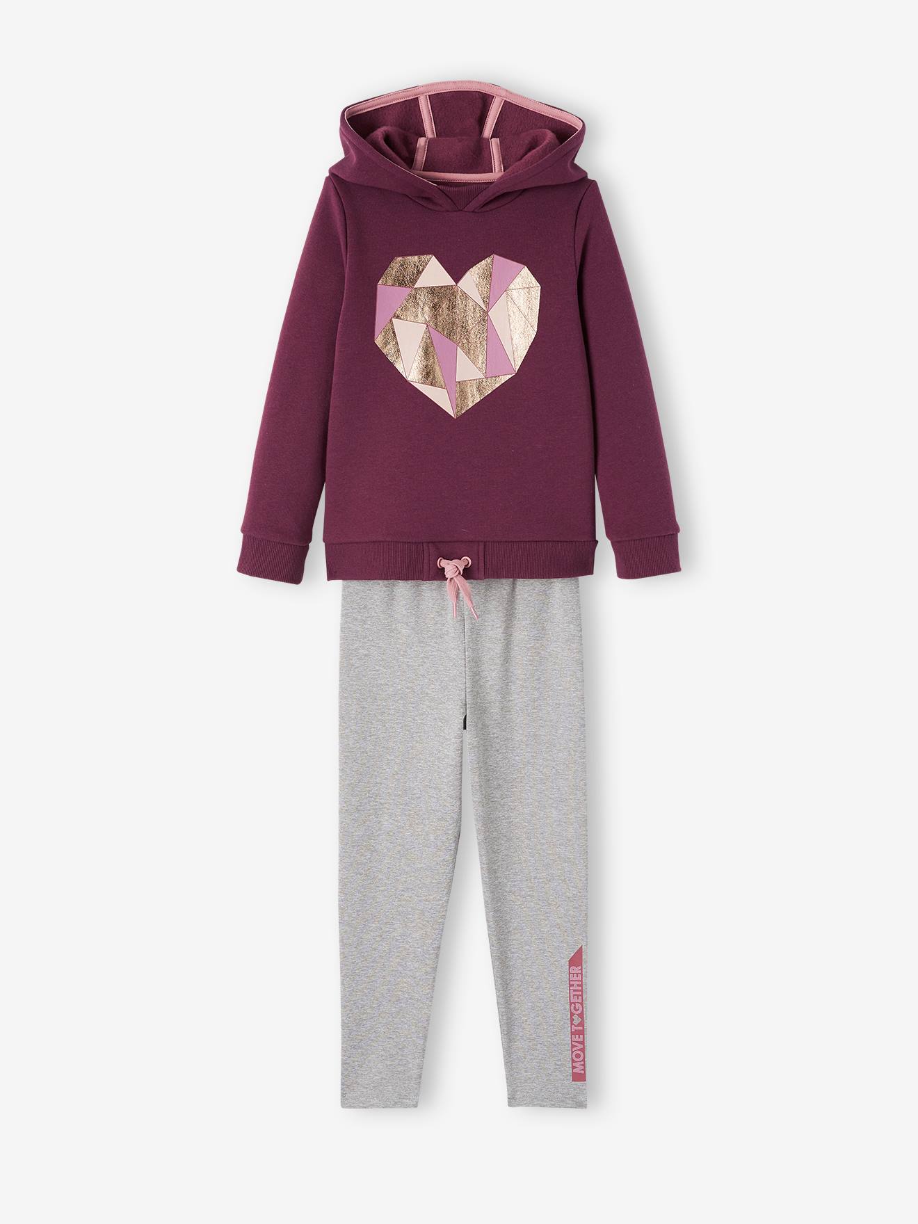 Conjunto de moletom feminino: blusa de moletom com estampa de coração + leggings, lisinhas roxas escuras com estampa.