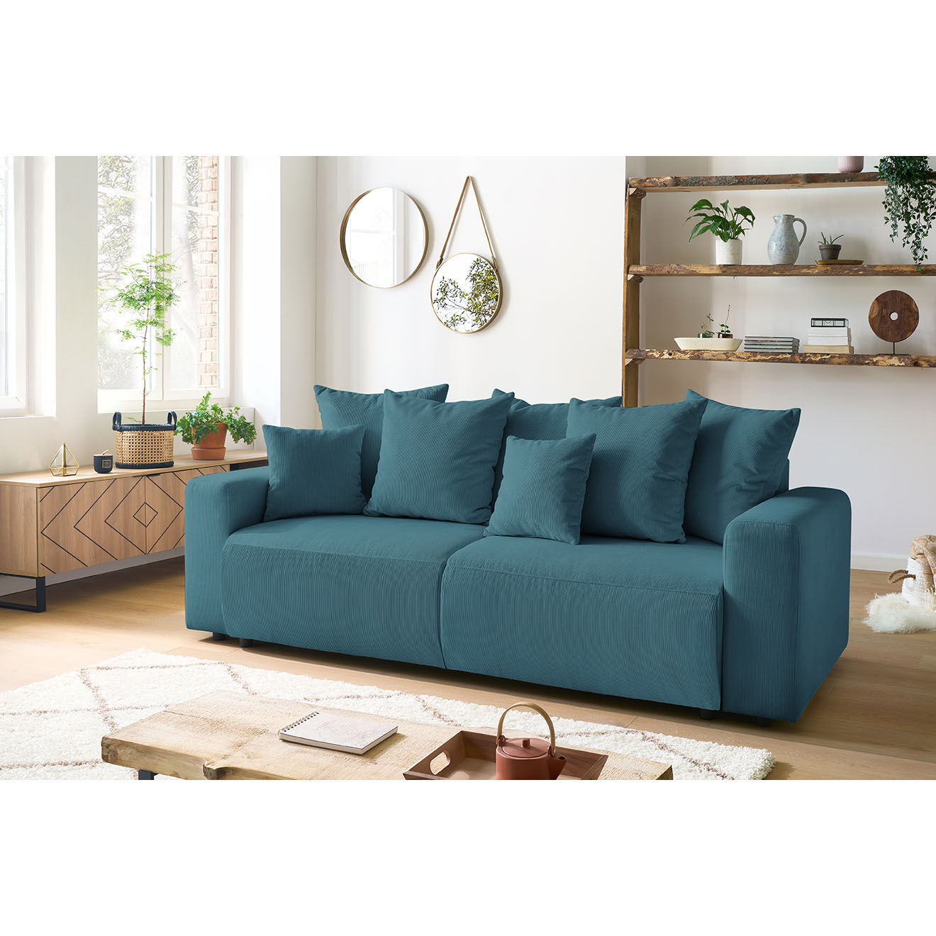 Bobochic Canapé 3 places velours côtelé convertible coffre Envy bleu foncé - 245x102x88 cm