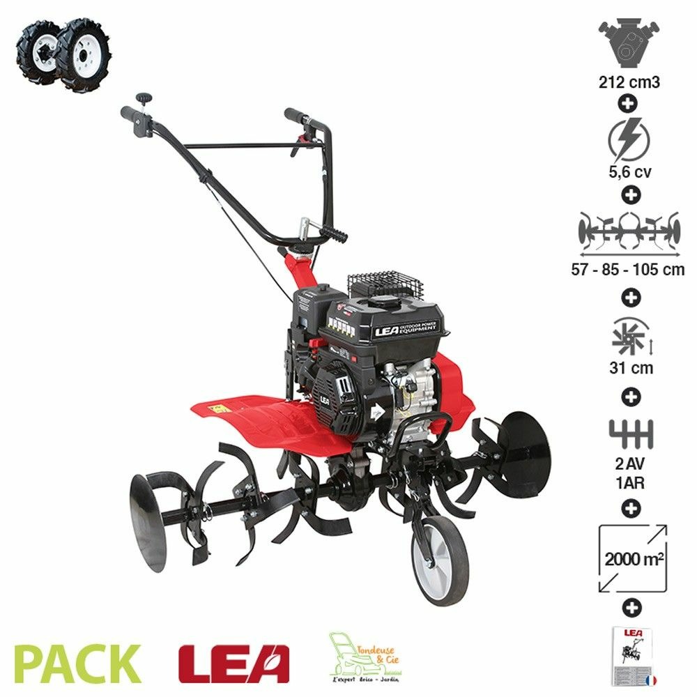 Motobineuse thermique 5,6cv 212cc roues 2 av 1 ar travail 105cm lea le4212-105dw