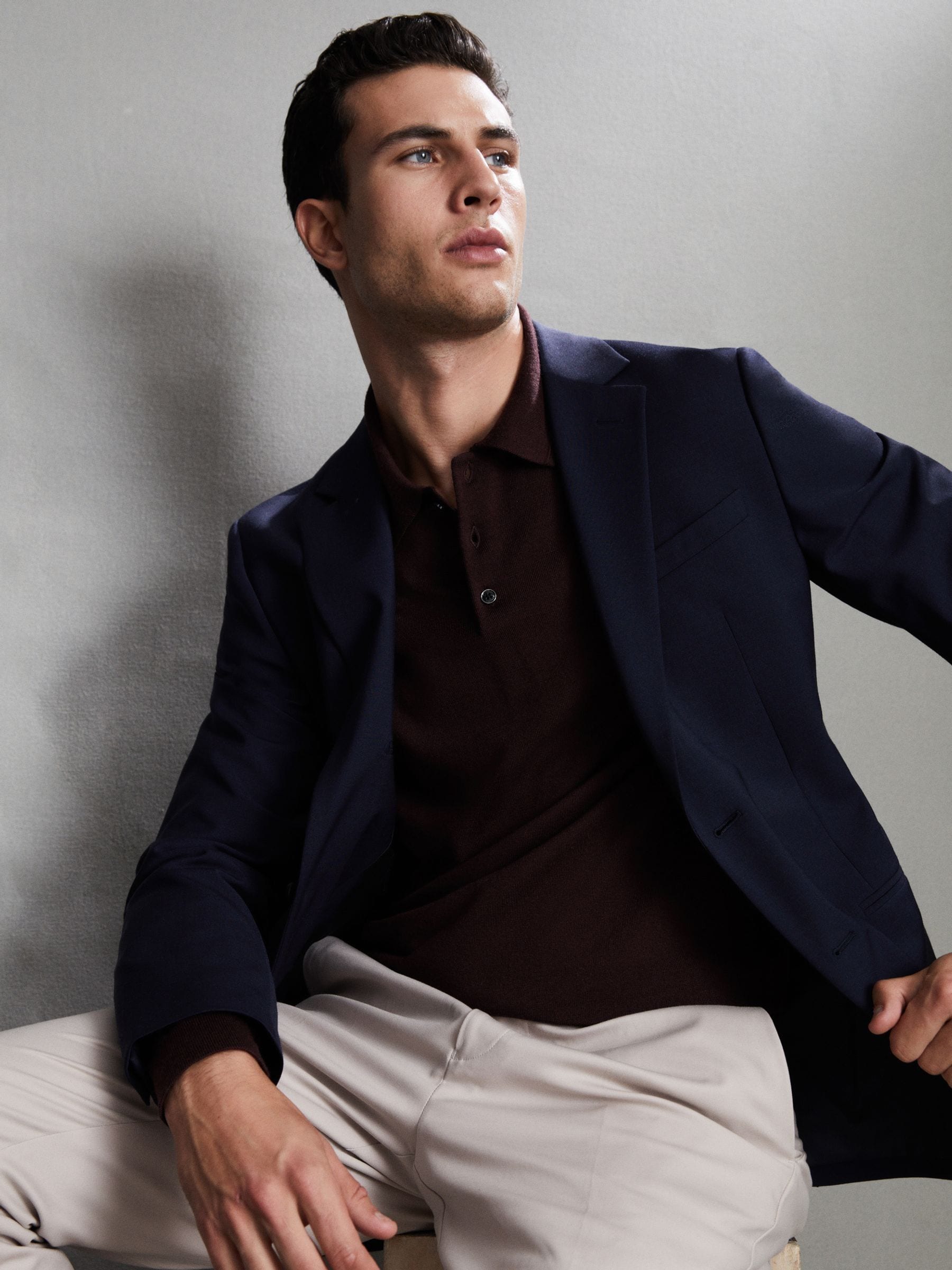 Donker Bordeaux - Reiss Trafford poloshirt met lange mouwen van merinowol