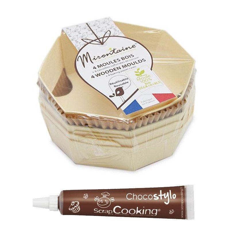 4 moules indivuels en bois ronds + 8 caissettes de cuisson + 1 Stylo c