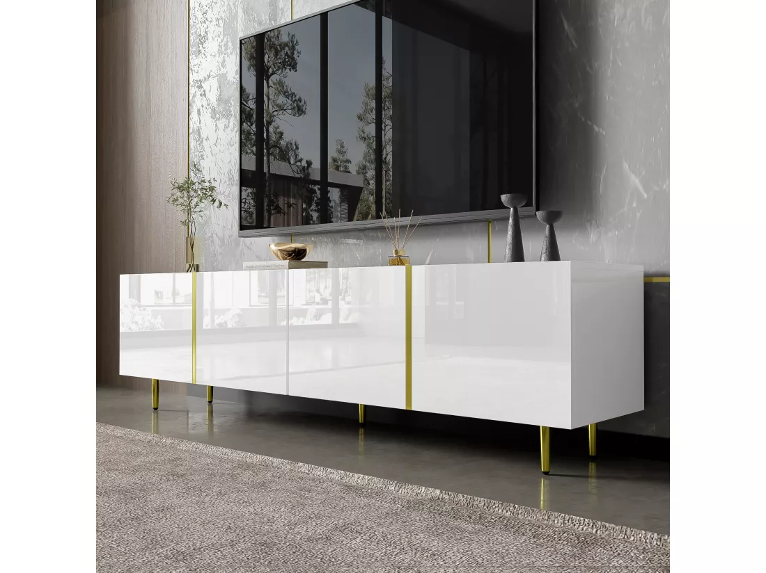 Meuble TV moderne avec 4 portes - 170 x 35 x 46 cm - Bois MDF - Blanc brillant et or