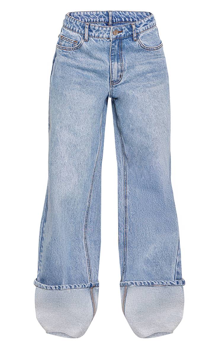 Mid Blue Wash Jean Bleu Moyen À Ourlet Retroussé Profond