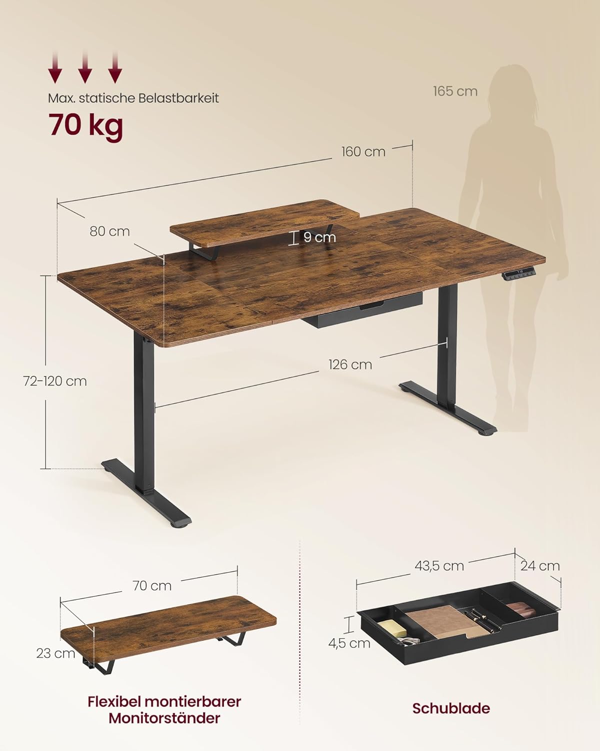 VASAGLE Höhenverstellbarer Schreibtisch, 160 x 80 cm, flexibel montierbarer Monitorständer, Schublade, USB-C-Anschluss, Erinnerung bei langem Sitzen, für Büro, vintagebraun LSD156KD01