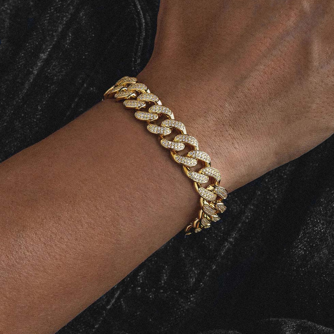 12mm Cuban Link Panzerarmband Gelb vergoldet mit Zirkonia