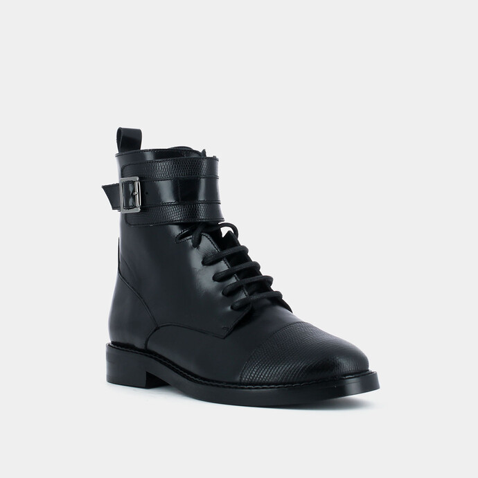 Bottines à lacets et boucles  en cuir reptile noir