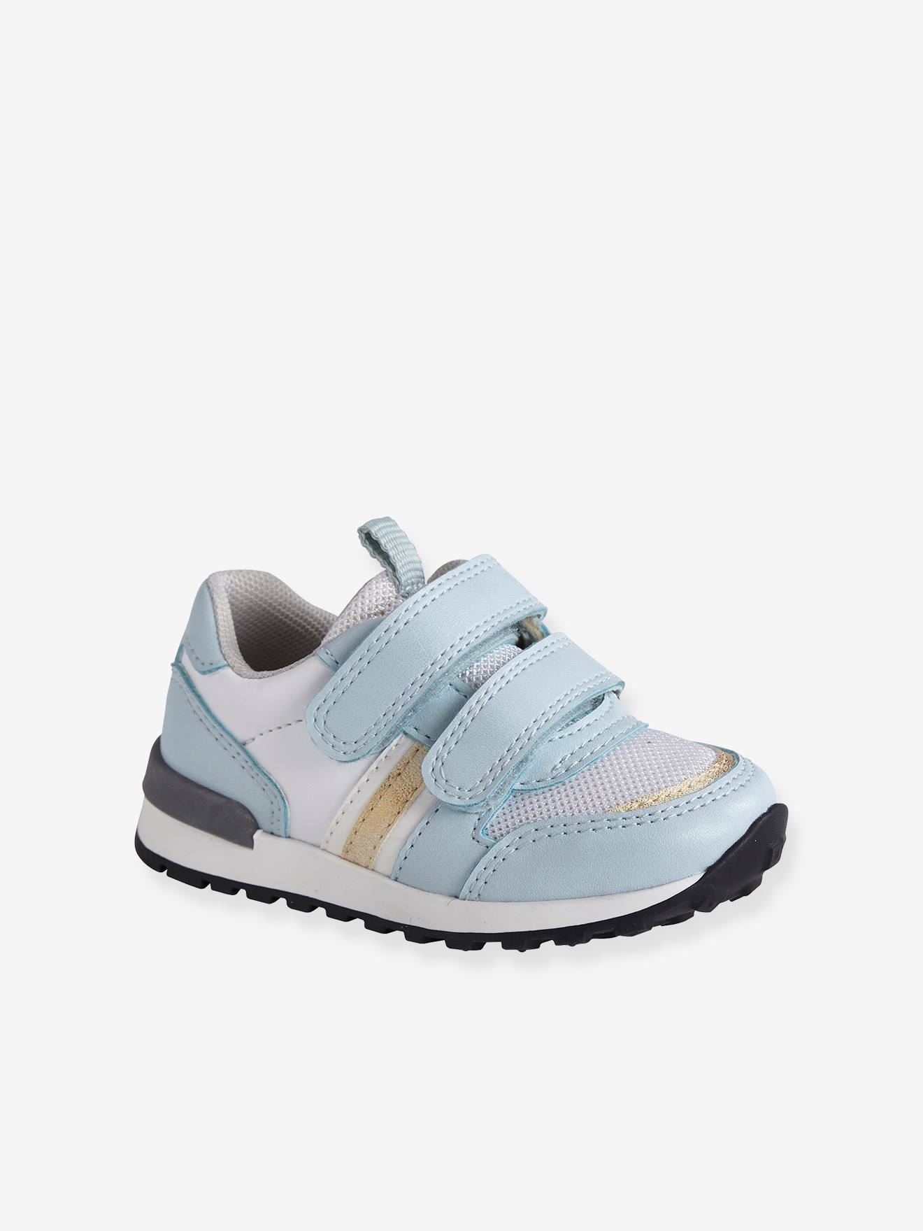 Tênis infantil feminino azul claro, modelo liso, com tiras autoadesivas e estampas.