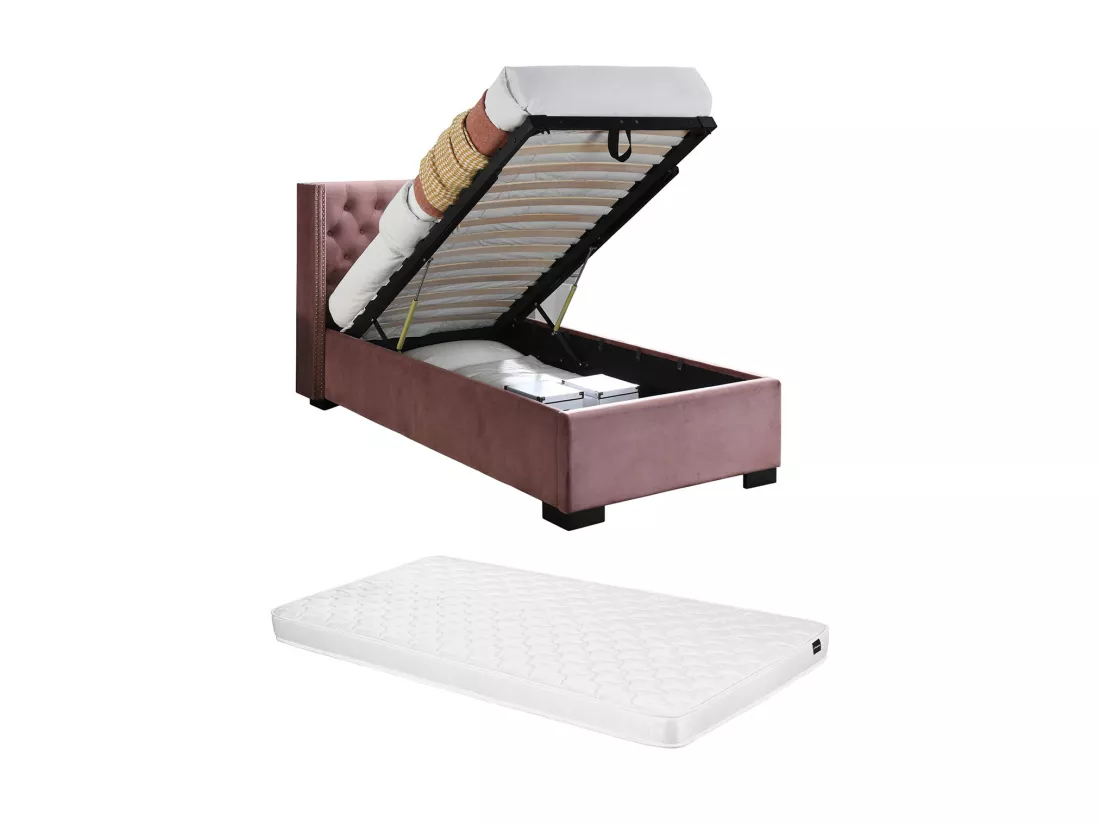 Lit coffre 90 x 200 cm avec tête de lit capitonnée - Velours - Rose + Matelas - MASSIMO