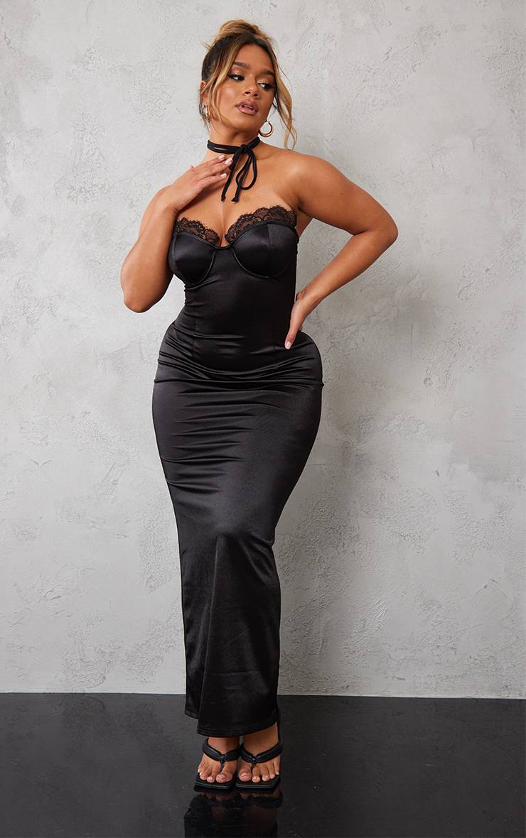 Noir Robe Longue Moulante En Satin Avec Finitions En Dentelle Et Dos Noué
