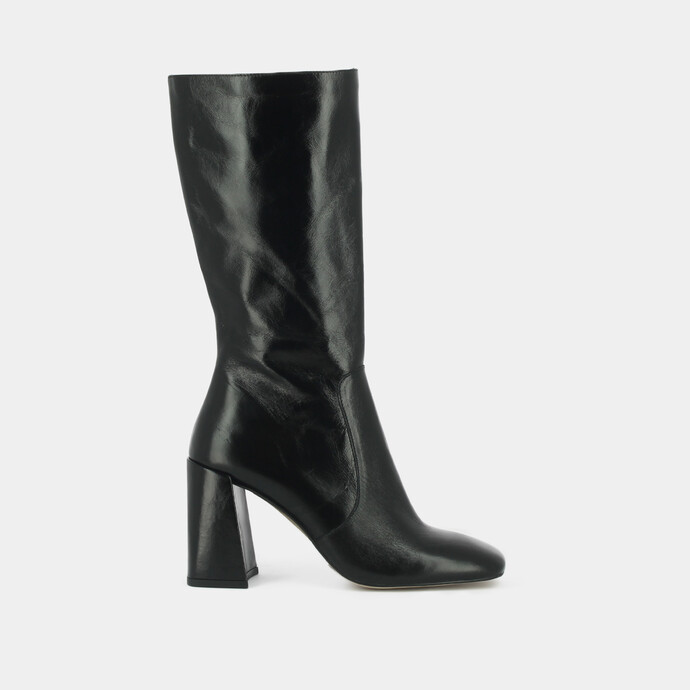 Bottes à talons et bouts carrés  en cuir vieilli noir