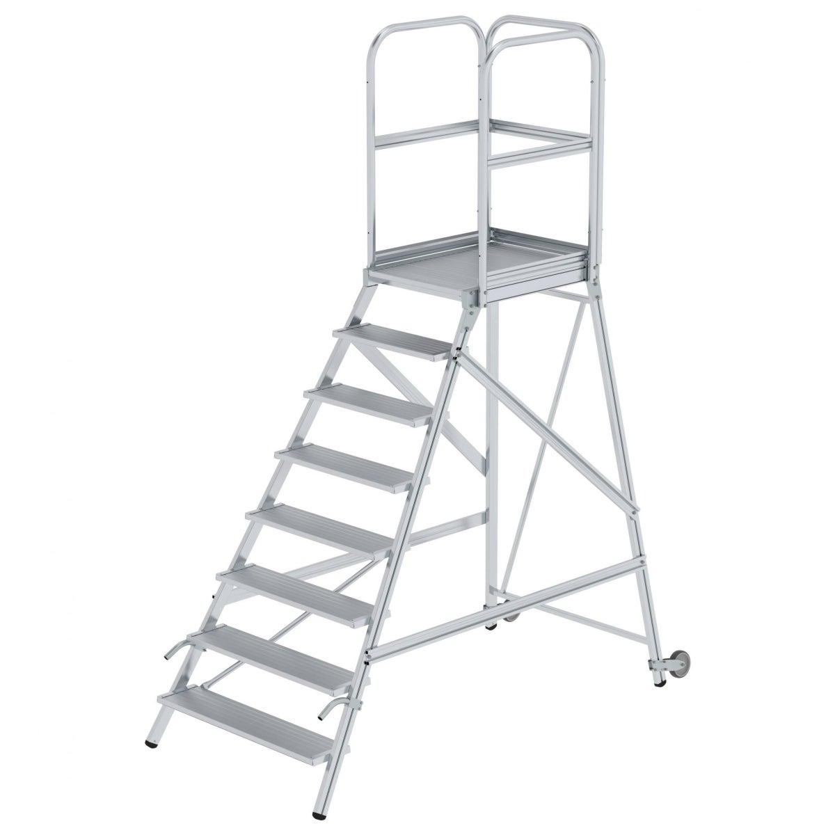 MUNK Platformladder met wielen en handvat, geribbeld aluminium, 8 treden