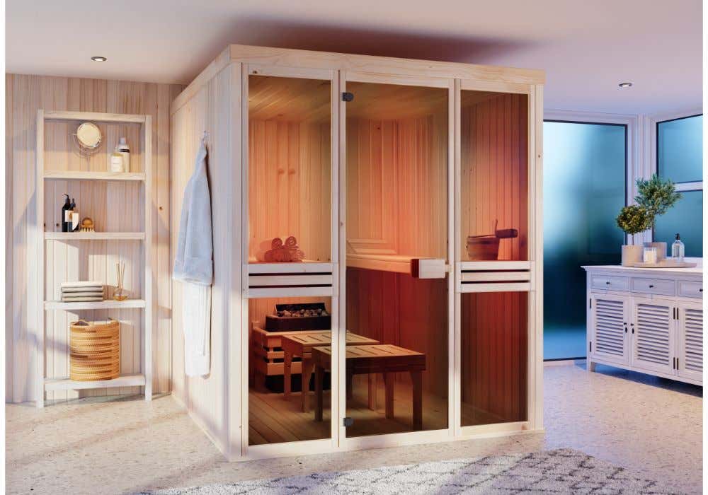 FinnTherm Karina binnensauna met 2 houten banken, saunacabine met 40 mm wanddikte, stoomsauna inclusief montagemateriaal, 1,8 x 1,9 m