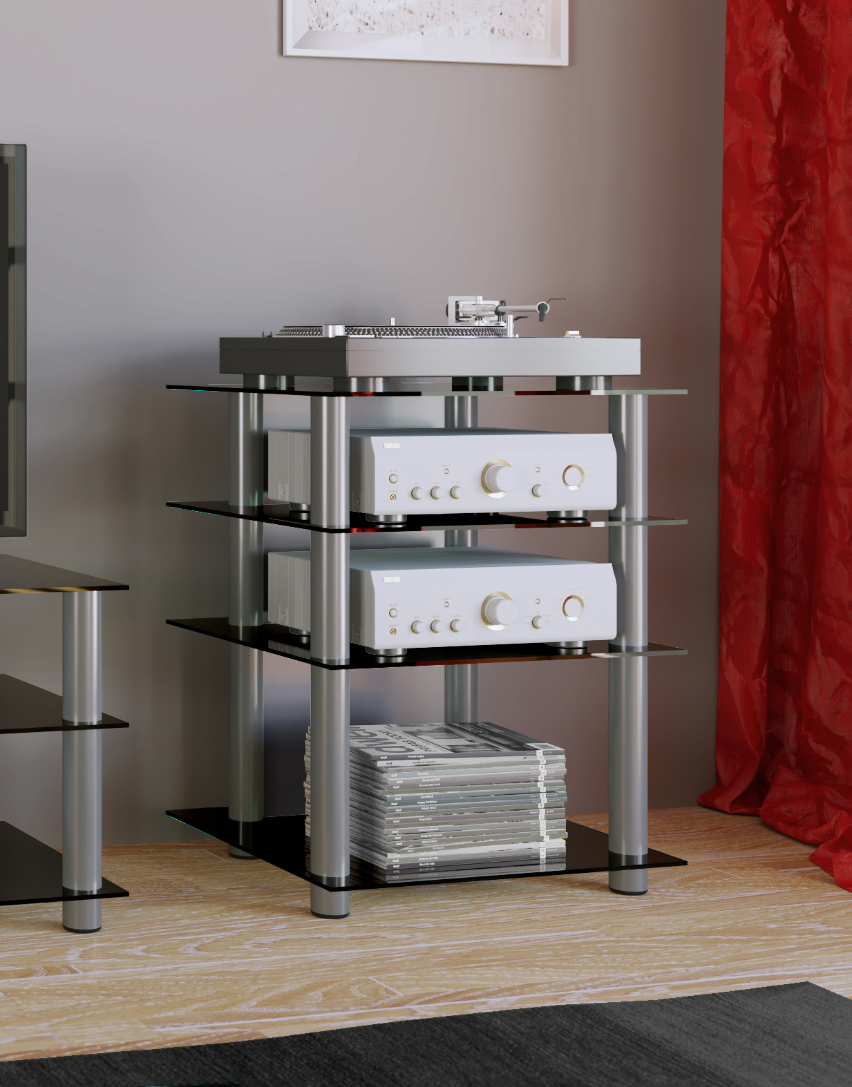 TV-Rack - silber-schwarz - 4 Glasböden - 59 cm breit