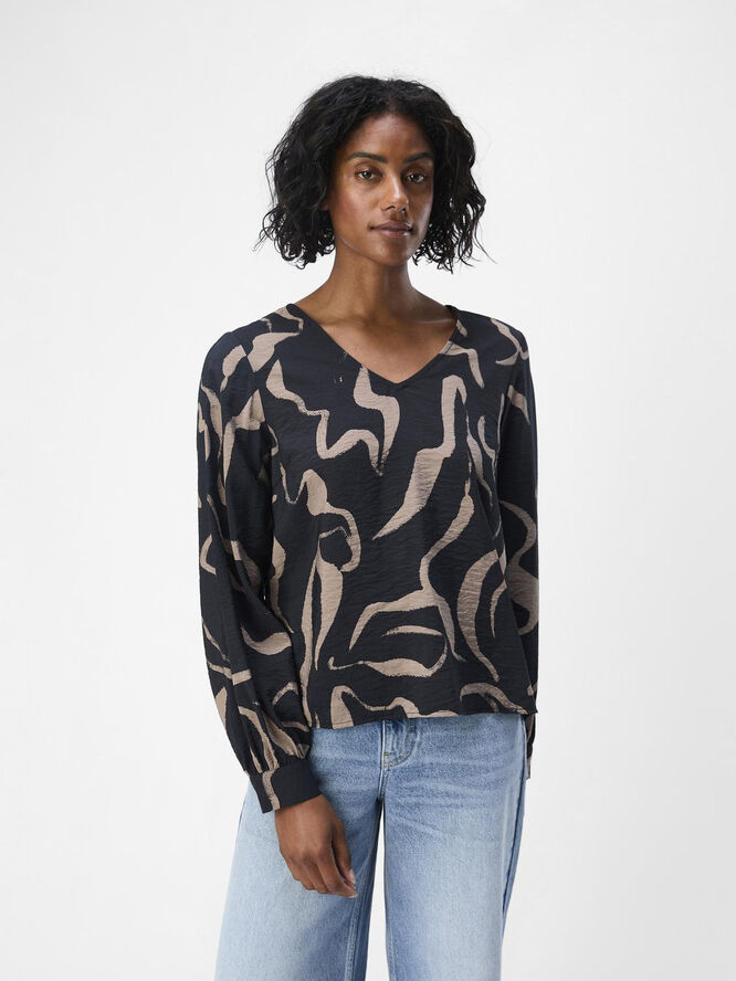 Object OBJJACIRA L/S V-NECK TOP NOOS Black/desert taupe abstract flower