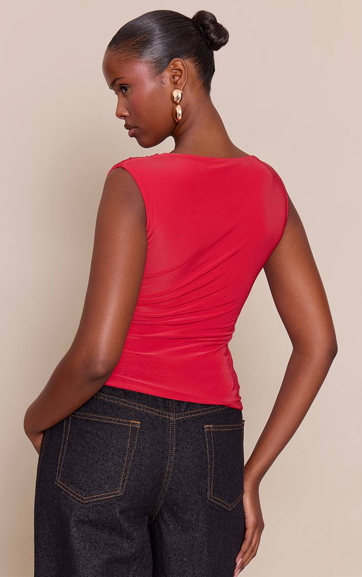 Rouge Haut À Col Bénitier Drapé Double Couche En Tissu Fluide