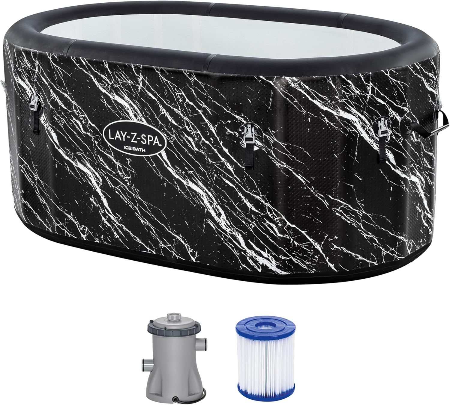 Bestway Lay-Z-SPA FortiFiber Eisbad Glacial Dip, 152 x 92 x 71 cm, 420 Liter, Thermo-Abdeckung, Filterpumpe, Ganzjahresschutz, Marmor-Optik, DEKRA-Zertifiziert, inkl. Handpumpe & Tragetasche