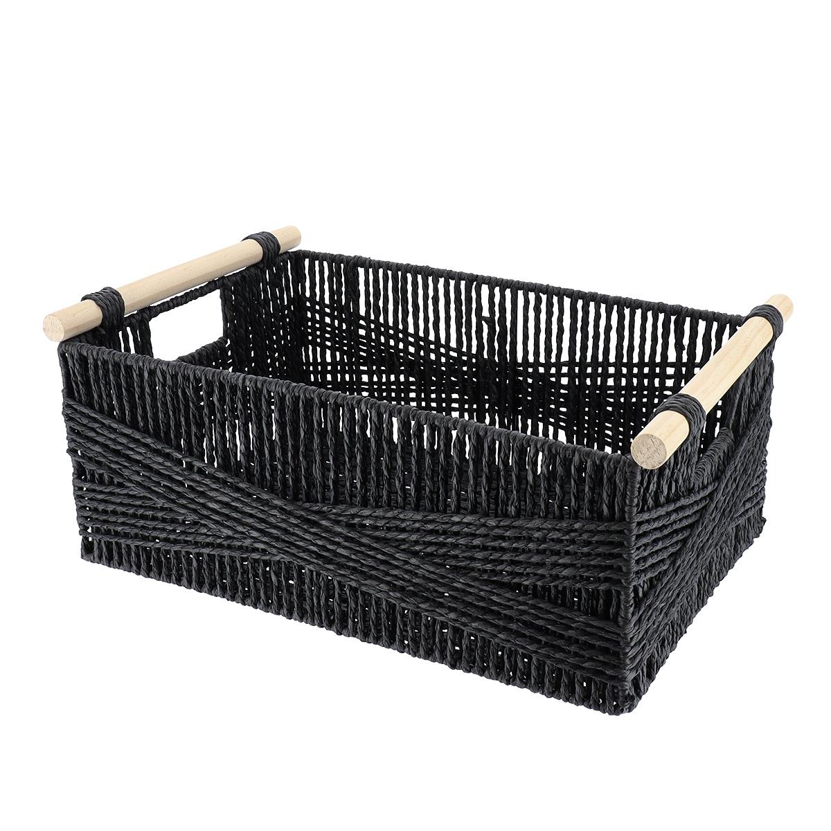 PANIER RECTANGLE PAPIER POIGNEE BOIS 39X27X15.5CM NOIR