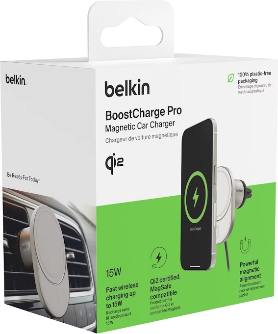 (15W) BoostCharge Pro MagSafe Auto Ladegerät Qi2 Wireless Charger Ladestation Halterung für Lüftungsgitter (WIC008BTGR-NCV2) - Silber