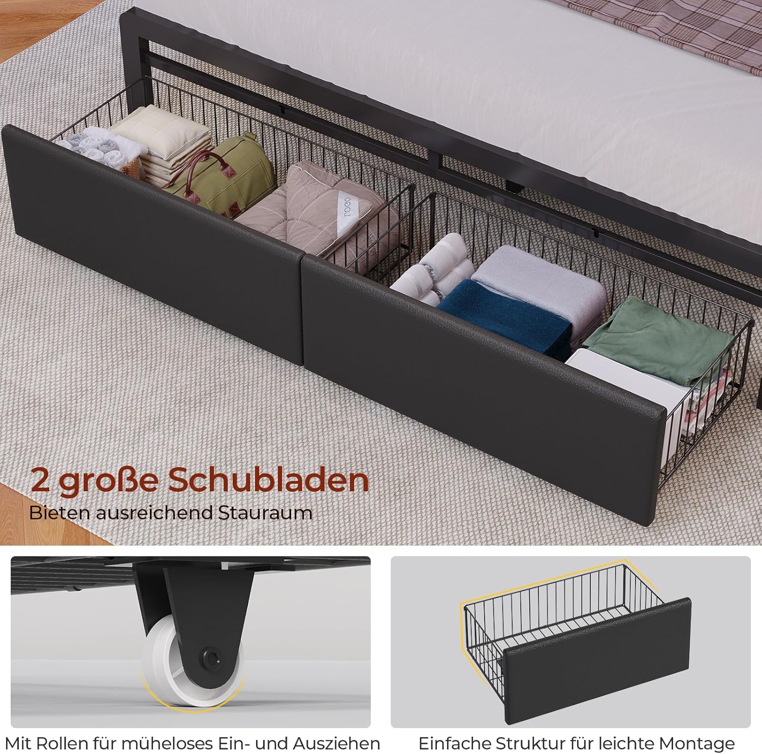 Bett 160x200 cm, Polsterbett mit LED-Beleuchtung, Metallbett Bettgestell, Bettrahmen mit 2 Schubladen, Regalkopfteil mit Stauraum, Steckdose, Doppelbett mit Lattenrost, für Schlafzimmer, PU Schwarz