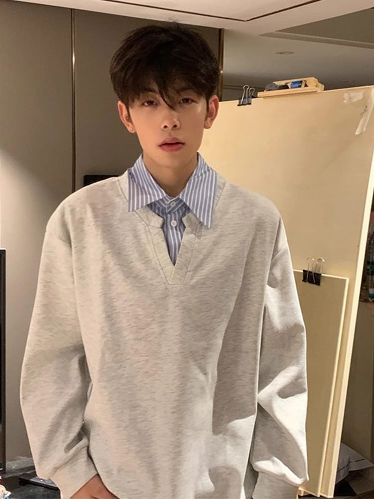 Chuoku - Sweatshirt met kraag, effen strepen en paneel, tweedelig model