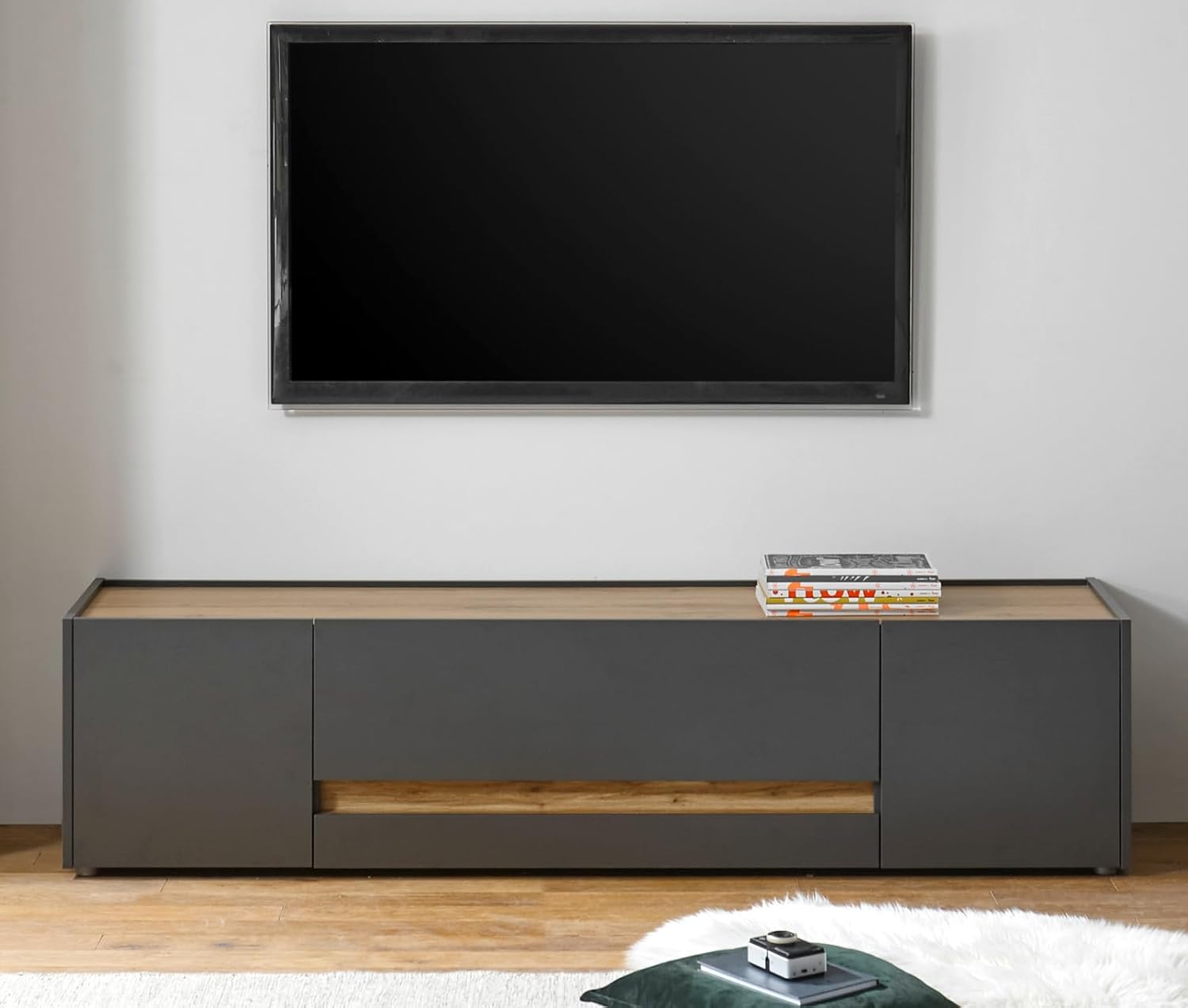 TV Unterteil Lowboard in Eiche Wotan Holz und grau matt Wohnzimmer Fernseher Schrank Mediaschrank TV-Board 170 x 40 cm Center (TV-Lowboard 2)