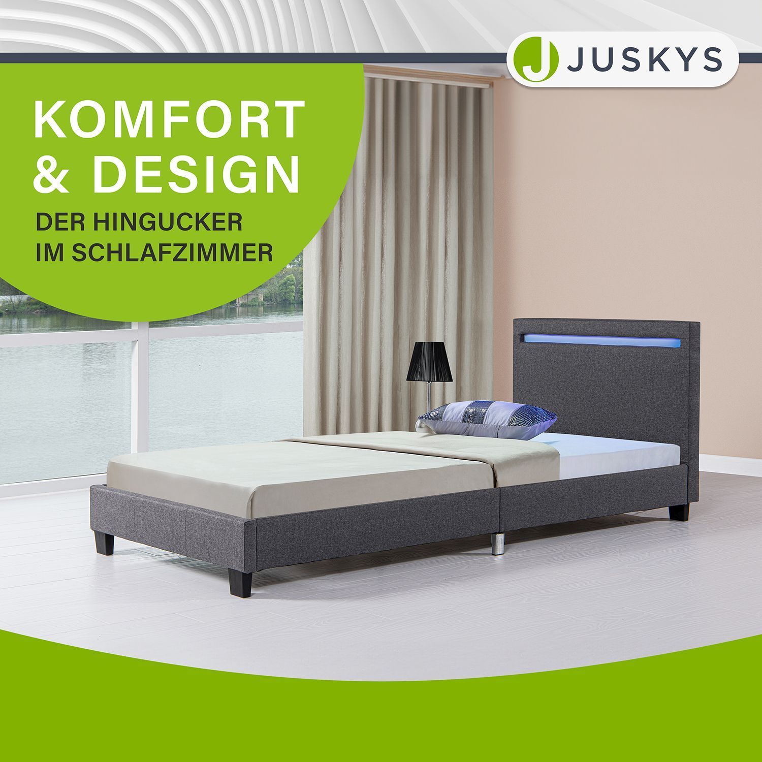 Juskys Polsterbett Verona 90x200 cm grau mit Matratze – Einzelbett + LED-Beleuchtung & Lattenrost