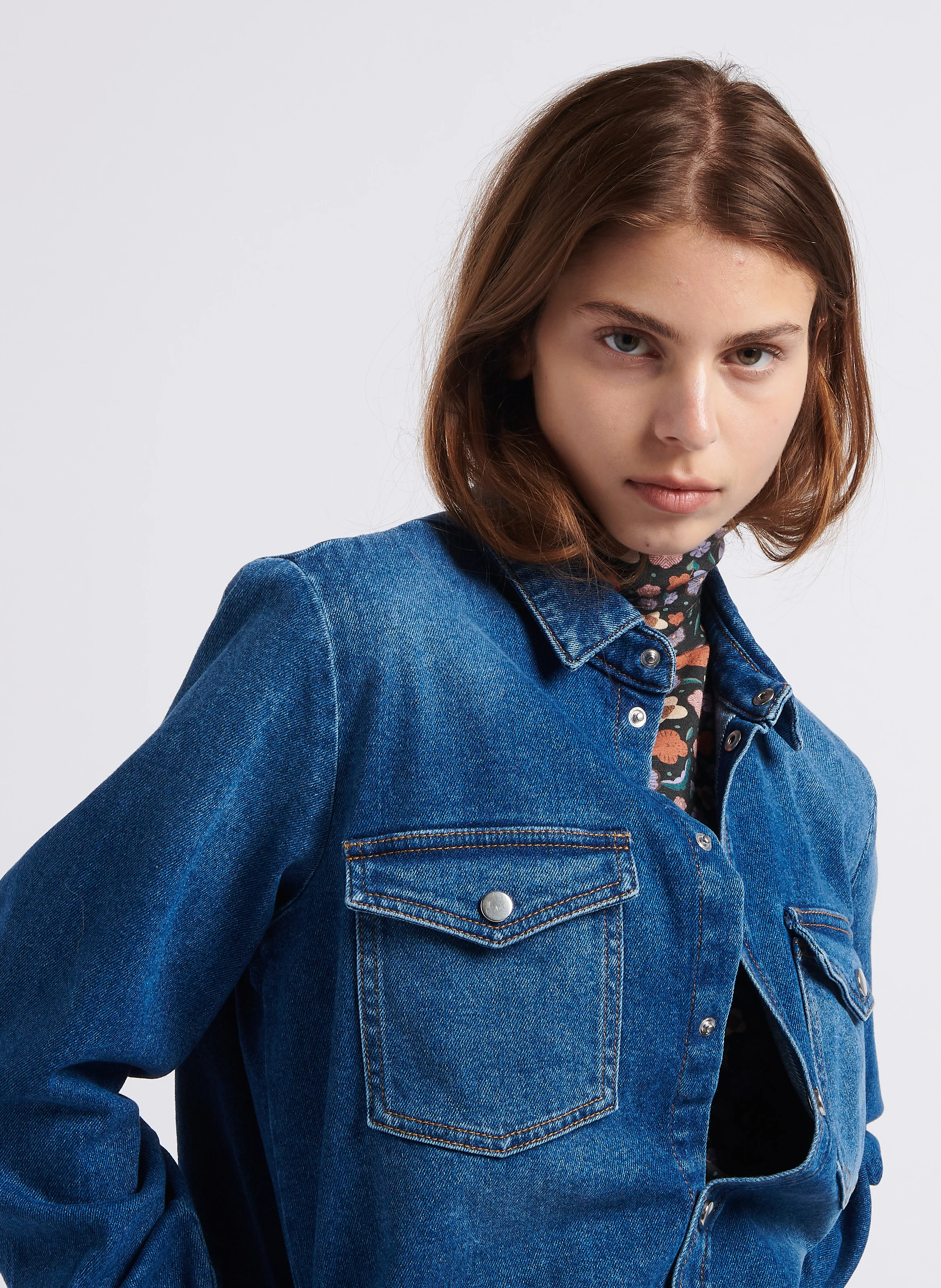 TOPAZE - Chemise droite col classique en denim stretch| Bleu
