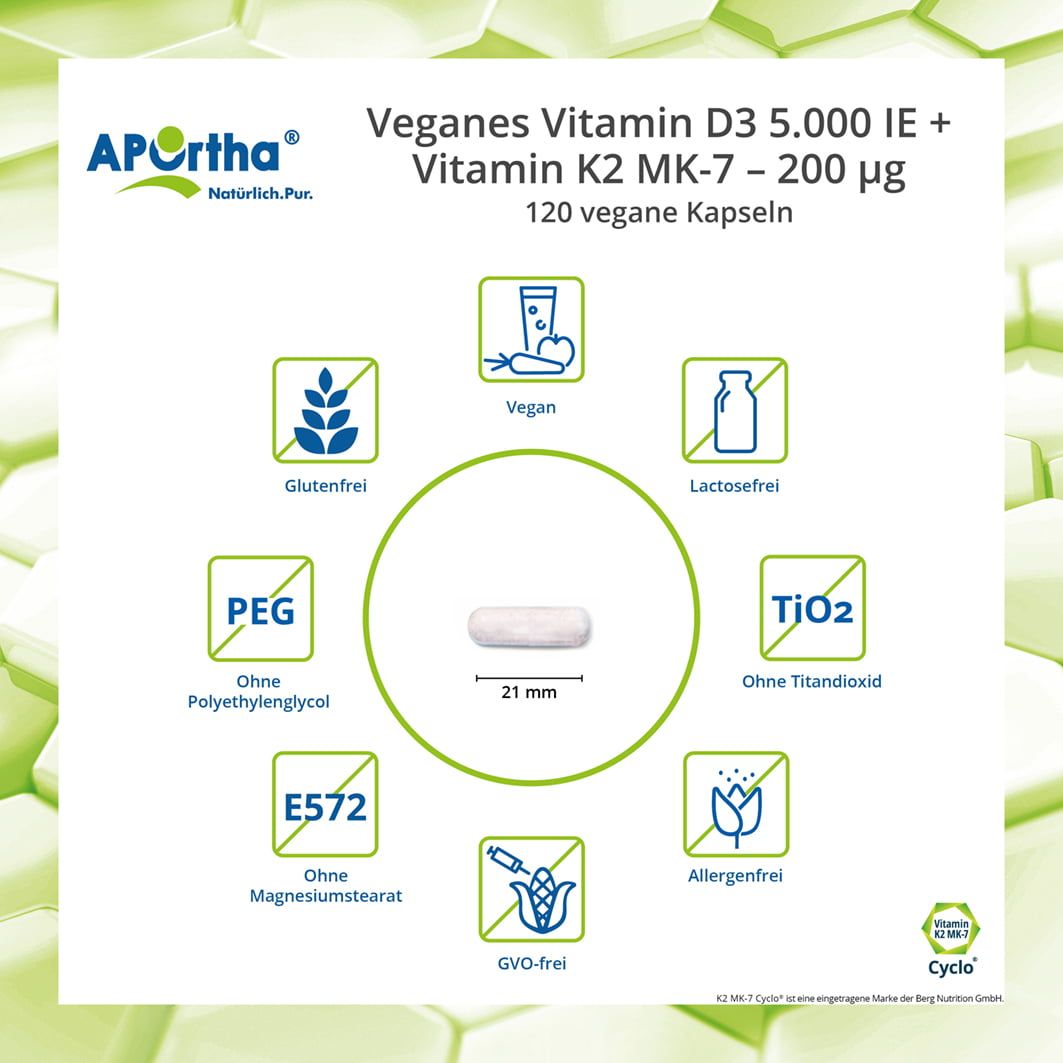 APOrtha® Veganes Vitamin D3 5.000 IE + Vitamin K2 MK-7 Cyclo® 200 µg - Kapseln