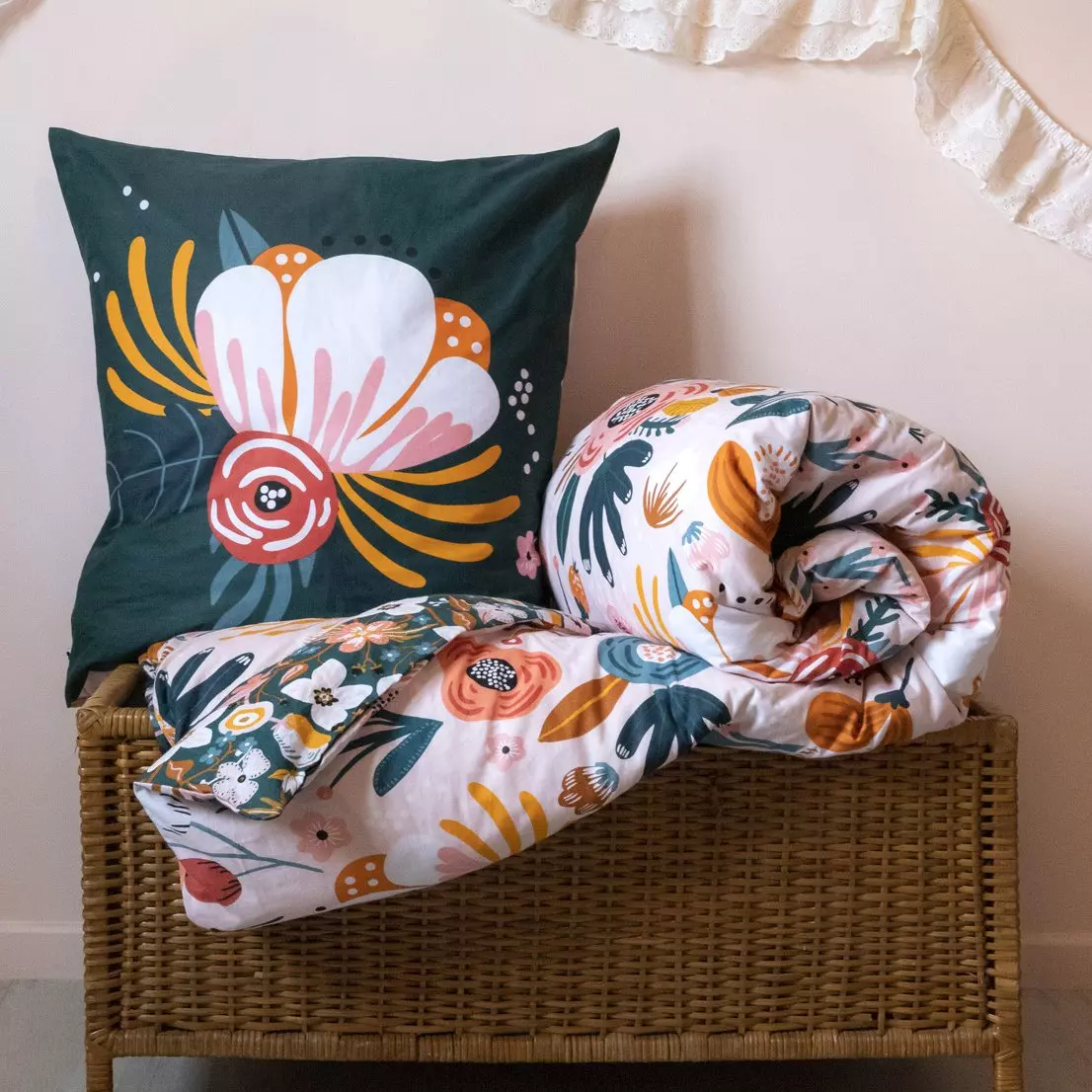 Housse de couette et deux taies enfant coton (200 x 200 cm) Champetre Multicolore