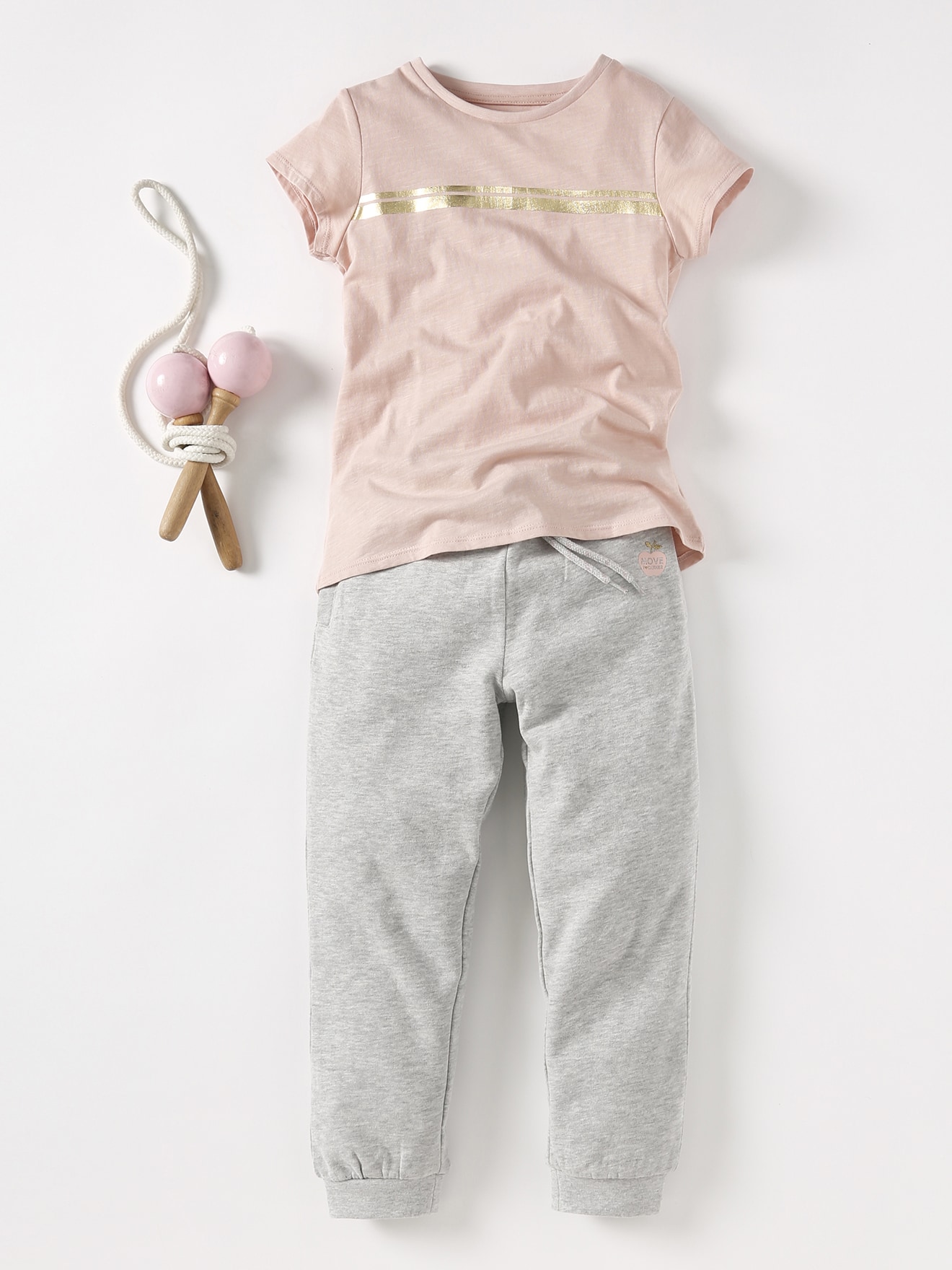 Conjunto de camiseta esportiva listrada iridescente para meninas + calça de moletom para meninas