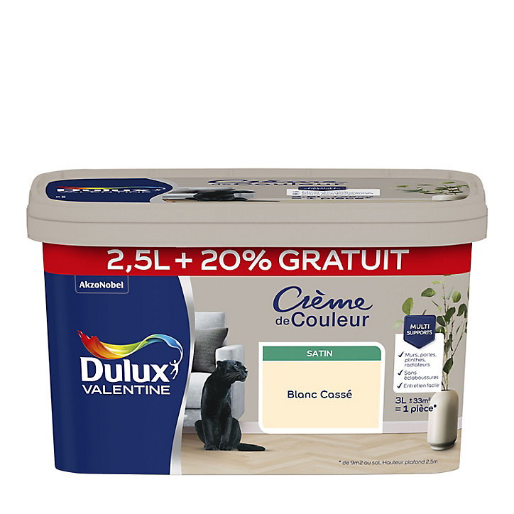 Peinture Crème De Couleur Dulux Valentine satin blanc cassé 2,5L + 20% gratuit