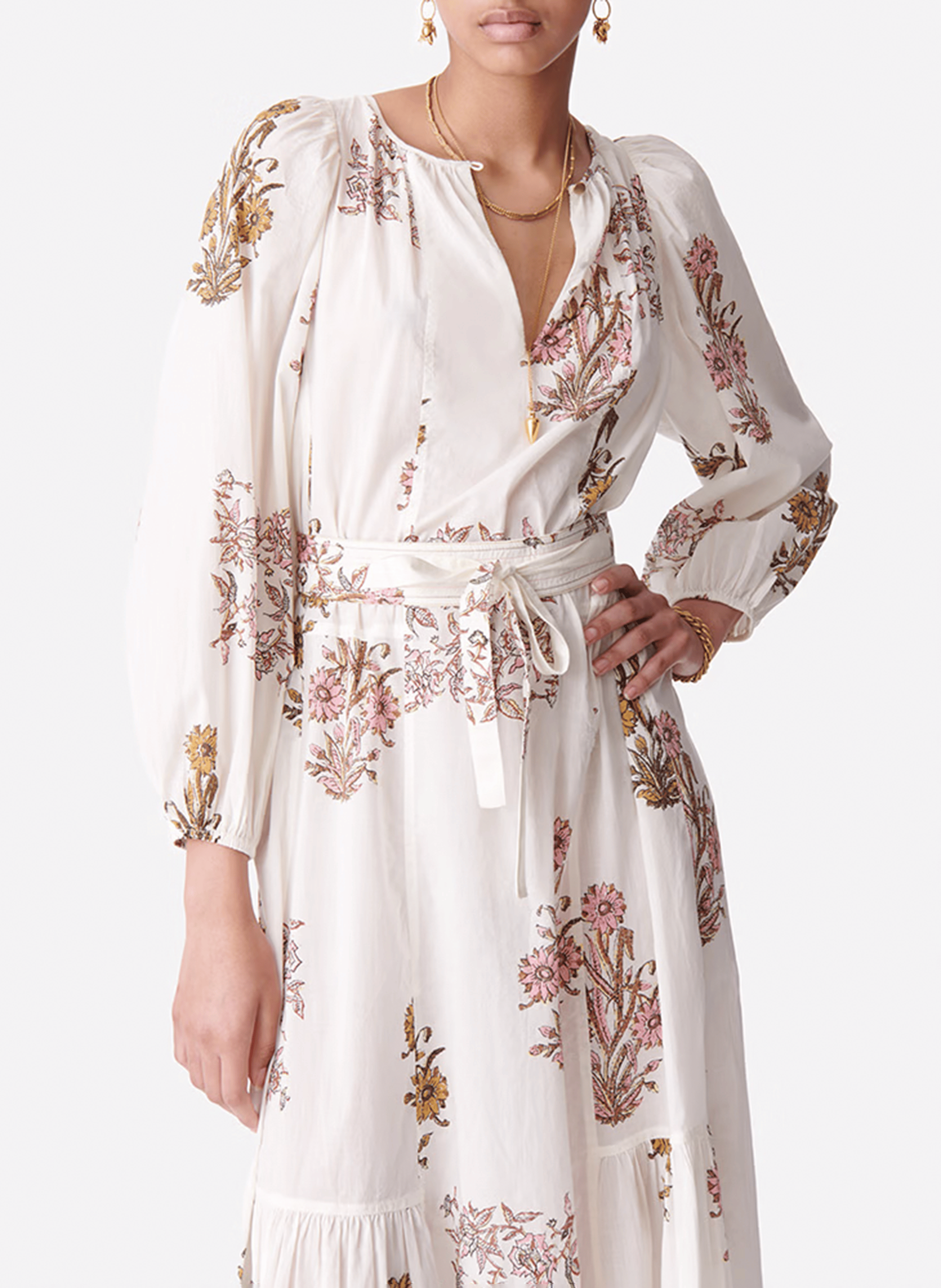 DARABELLE - Robe longue col rond en coton imprimé | Blanc
