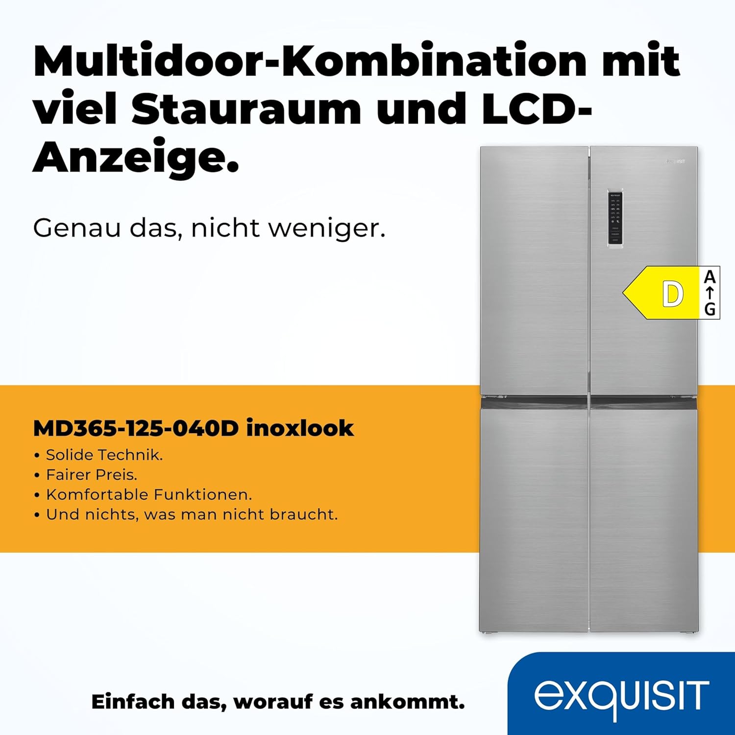 Exquisit Multidoor MD365-125-040D inoxlook | 362 l Volumen | Multi Door Kühlschrank NoFrost | Cross Door Kühl-Gefrierkombination | Frischefach | Alarm | LED-Display…