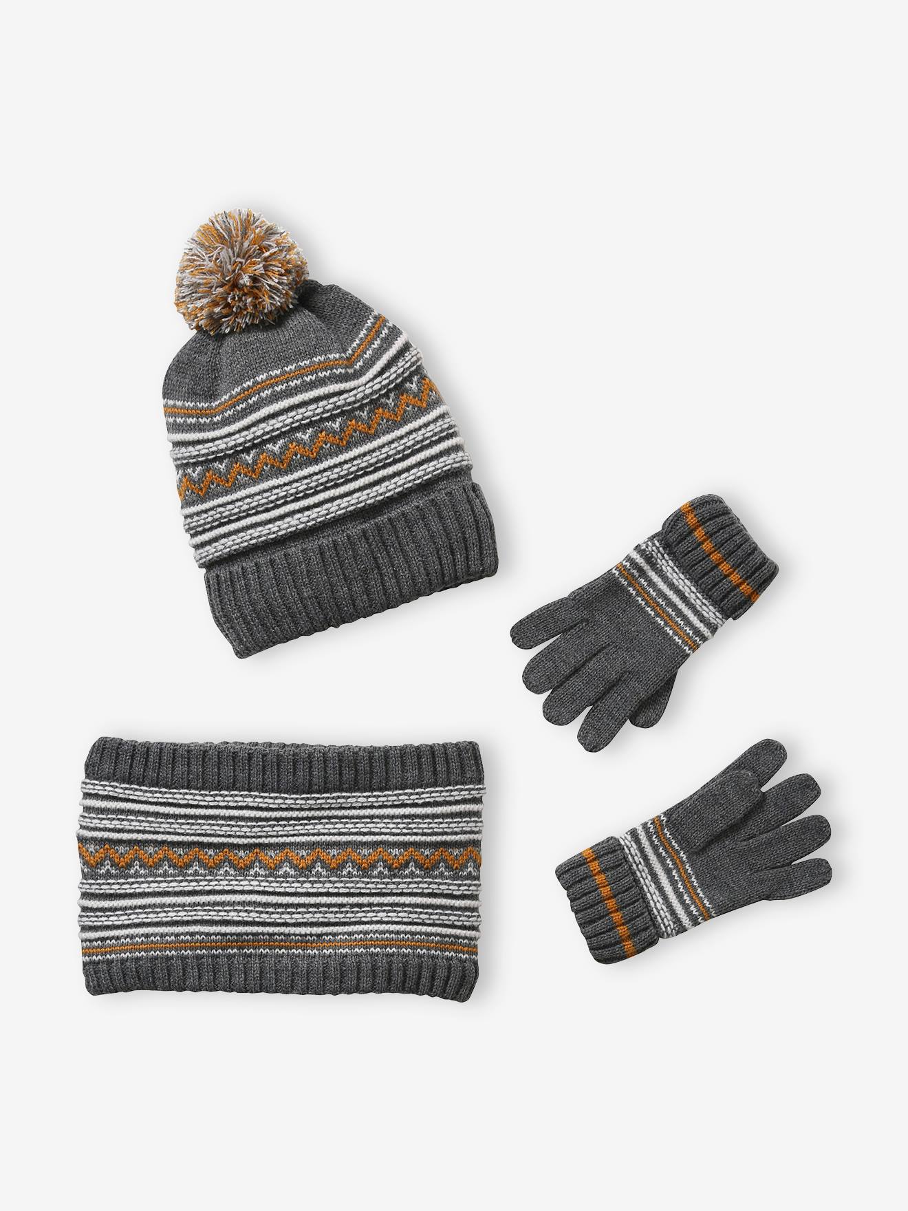 Conjunto de gorro + cachecol tubular + luvas de tricô jacquard, para menino, cinza médio bicolor/multicolorido