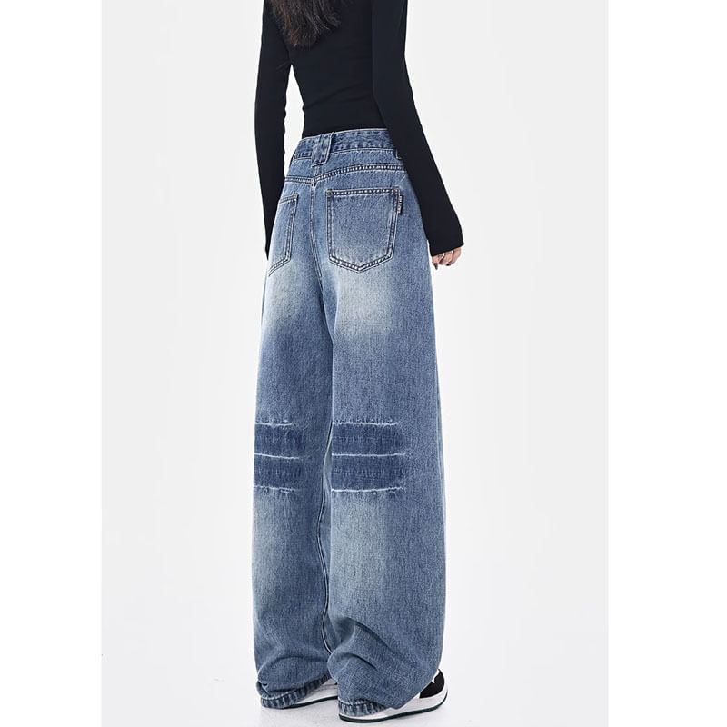 Klevy - Mid Waist Washed Baggy Jeans