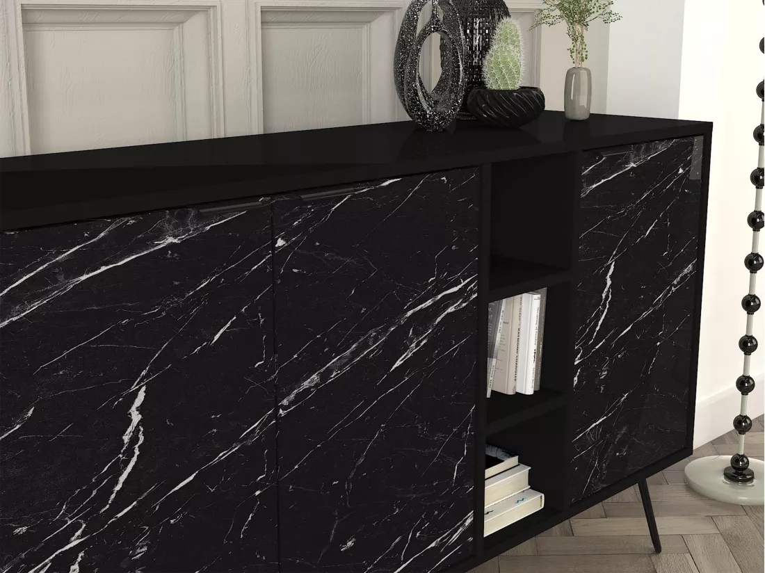 Buffet avec 3 portes et 3 niches - Effet marbre noir - POMONA