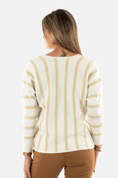 Pull hiver only new aya medium grey melange w cloud dancer stripes and gol