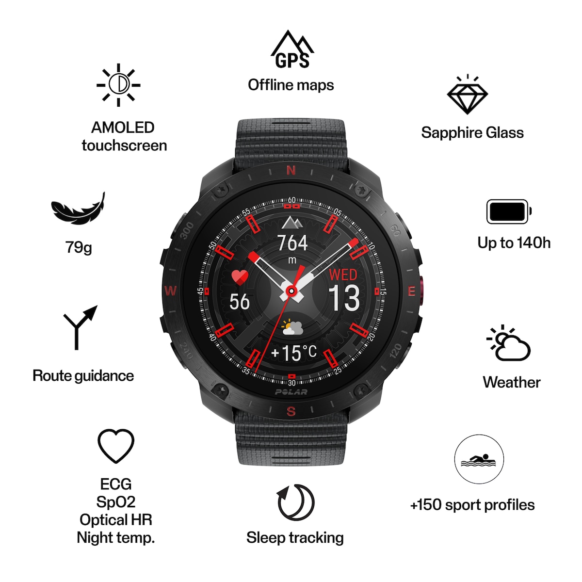 Polar Grit X2 Pro Sport Watch S-L med pulssender (sort)