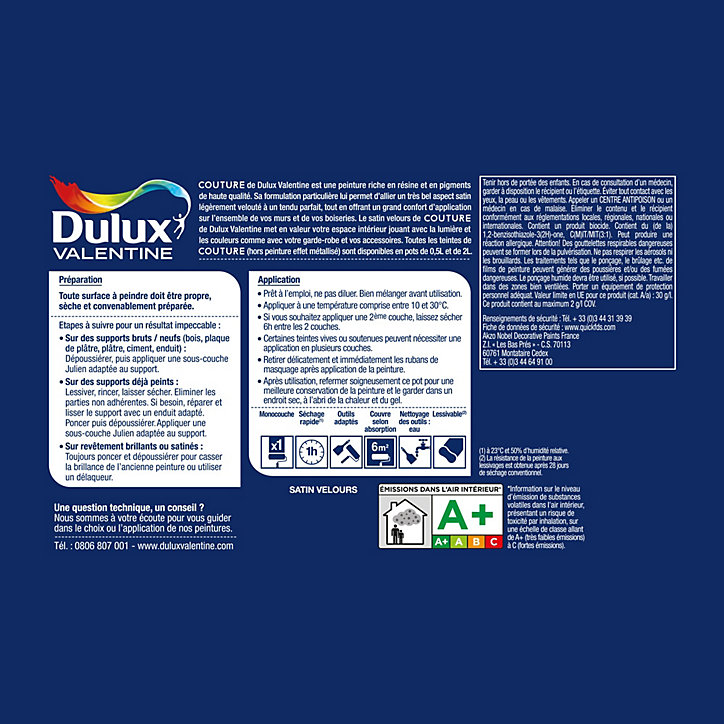 Peinture murs et boiseries Couture de Dulux Valentine satin velours gris astrakan 0,5L
