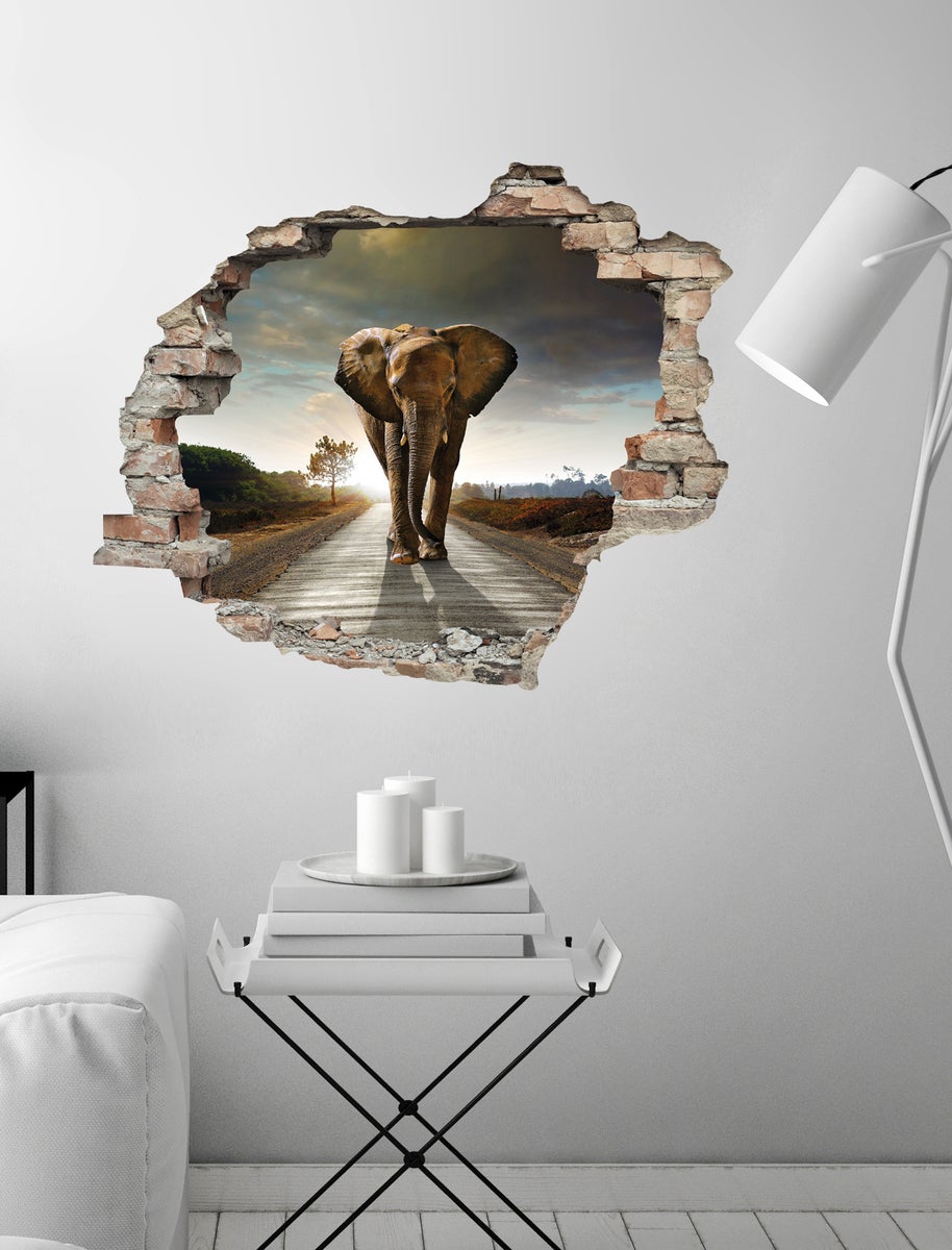 3D muurdoorbraak zelfklevende sticker olifant WS0959_60x50 cm