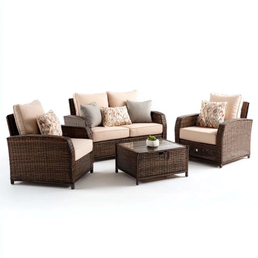Garten-Sofaset Rattan 3-teilig 130x75x80 cm Braun/Creme – Modernes Des