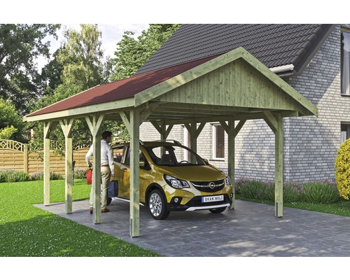 Enkele carport SKAN HOLZ Wallgau incl. rode shingles en H-paalankers 430 x 600 cm geïmpregneerd